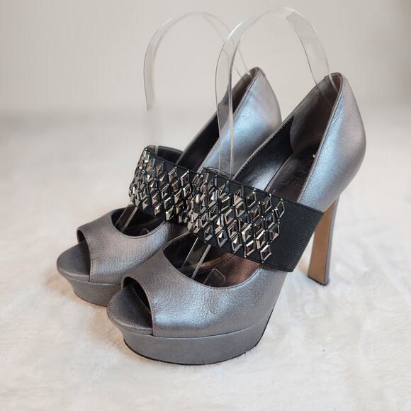 Glam Goth Platform Heels 6.5 Silver Gunmetal Metallic Studded Peep Toe Mary Jane - Picture 2 of 12
